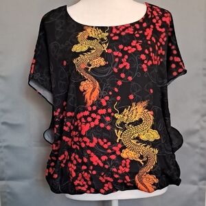 Red and Black Graphic Dragon Blouse with Flair Sleeves